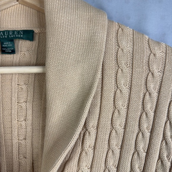 Lauren Ralph Lauren Beige Cable Knit Shawl Collar Cardigan Button Front Cotton‎ - Picture 3 of 7